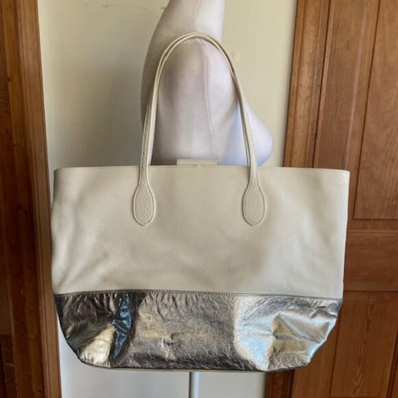 TALBOTS Leather White Silver Large Tote Bag NWOT - Picture 4 of 16
